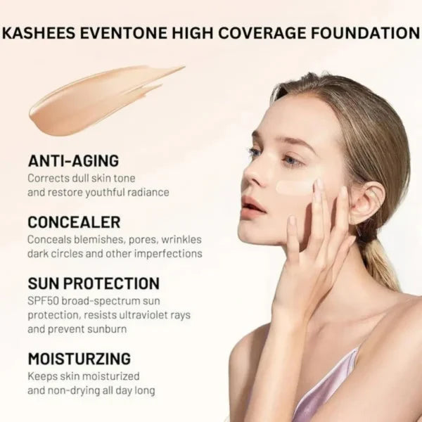 Kashees Eventone High Coverage Foundation – Full Coverage Matte Creamy Foundation For Flawless Skin – Lightweight, Long-lasting (24h) Makeup Base For All Skin Types – Bridal, Party & Daily Wear – 20ml